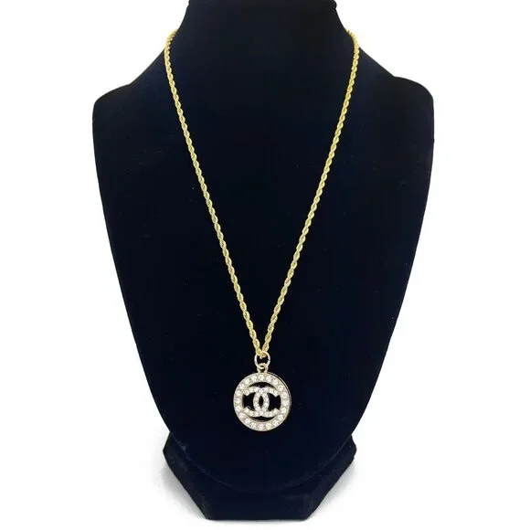 CHANEL CC Round Rhinestone Charm Pendant on Necklace Gold Plated Chain